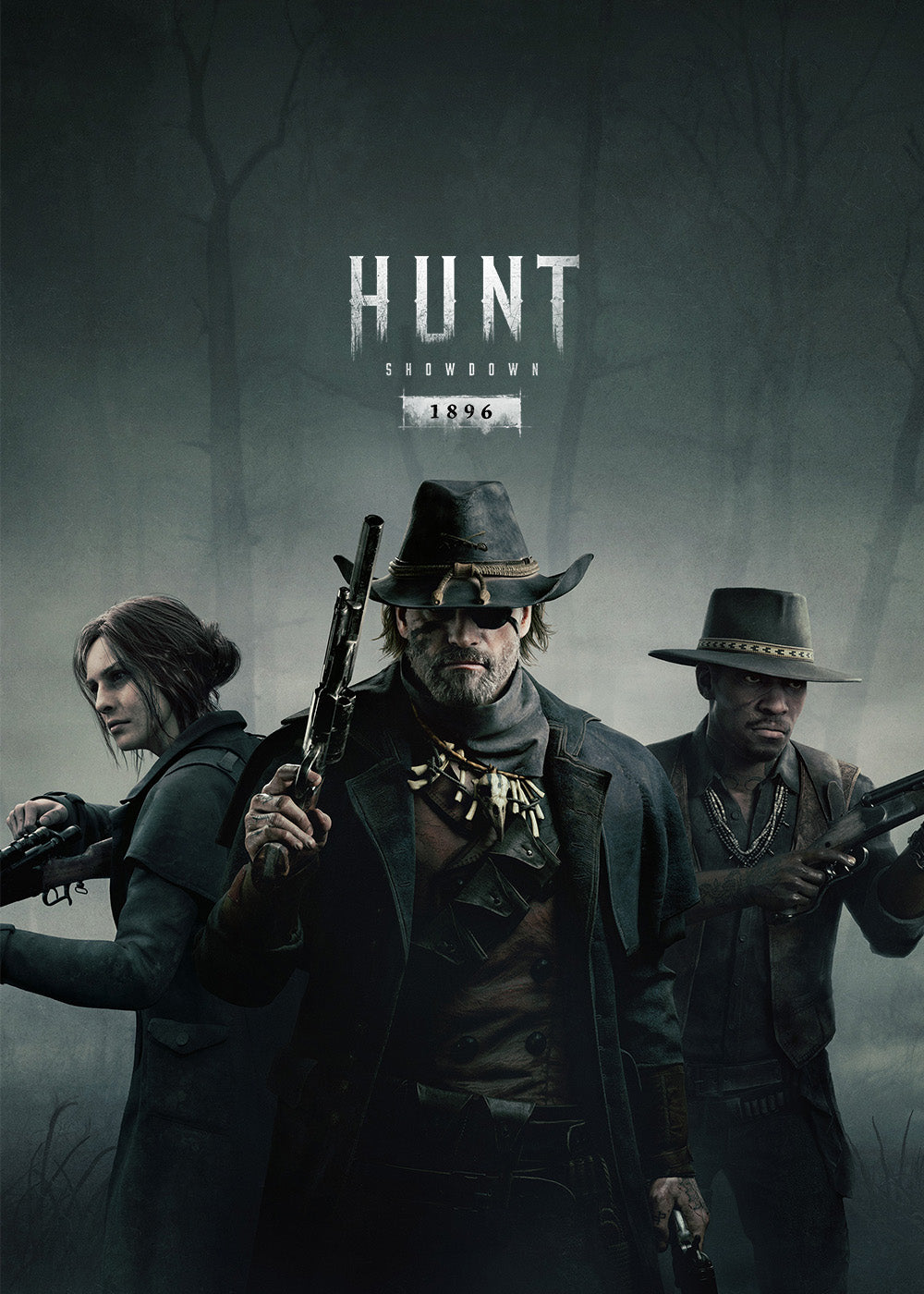 Promotional poster art for the video game Hunt: Season 4 - 1896, featuring three characters in Victorian-era clothing holding rifles against a dark, misty forest backdrop with the game title at the top.