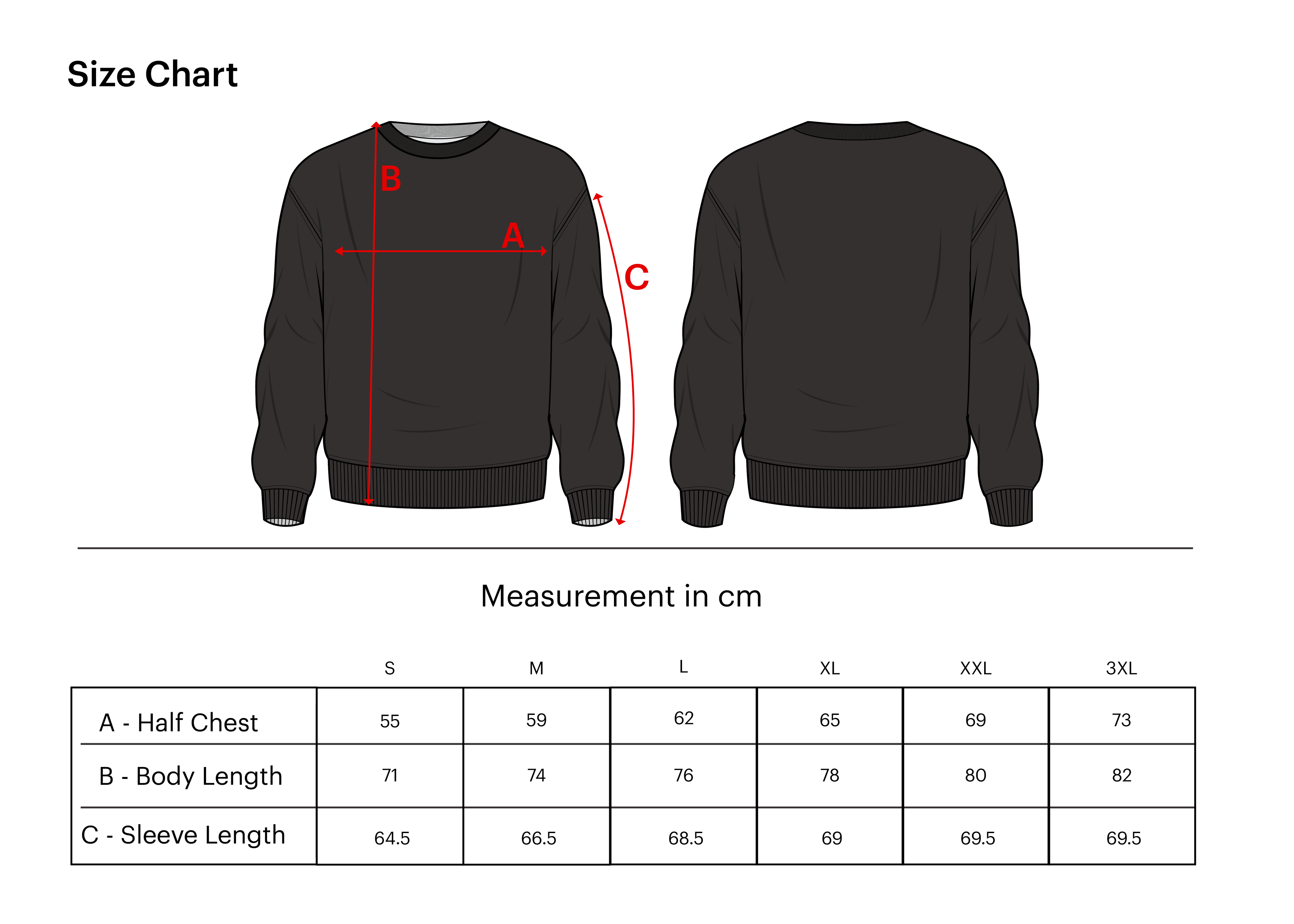 A size chart diagram showing front and back views of a dark crewneck sweatshirt with red measurement lines labeled A, B, and C, plus a measurement table below listing chest, body length, and sleeve length by size S through 3XL.