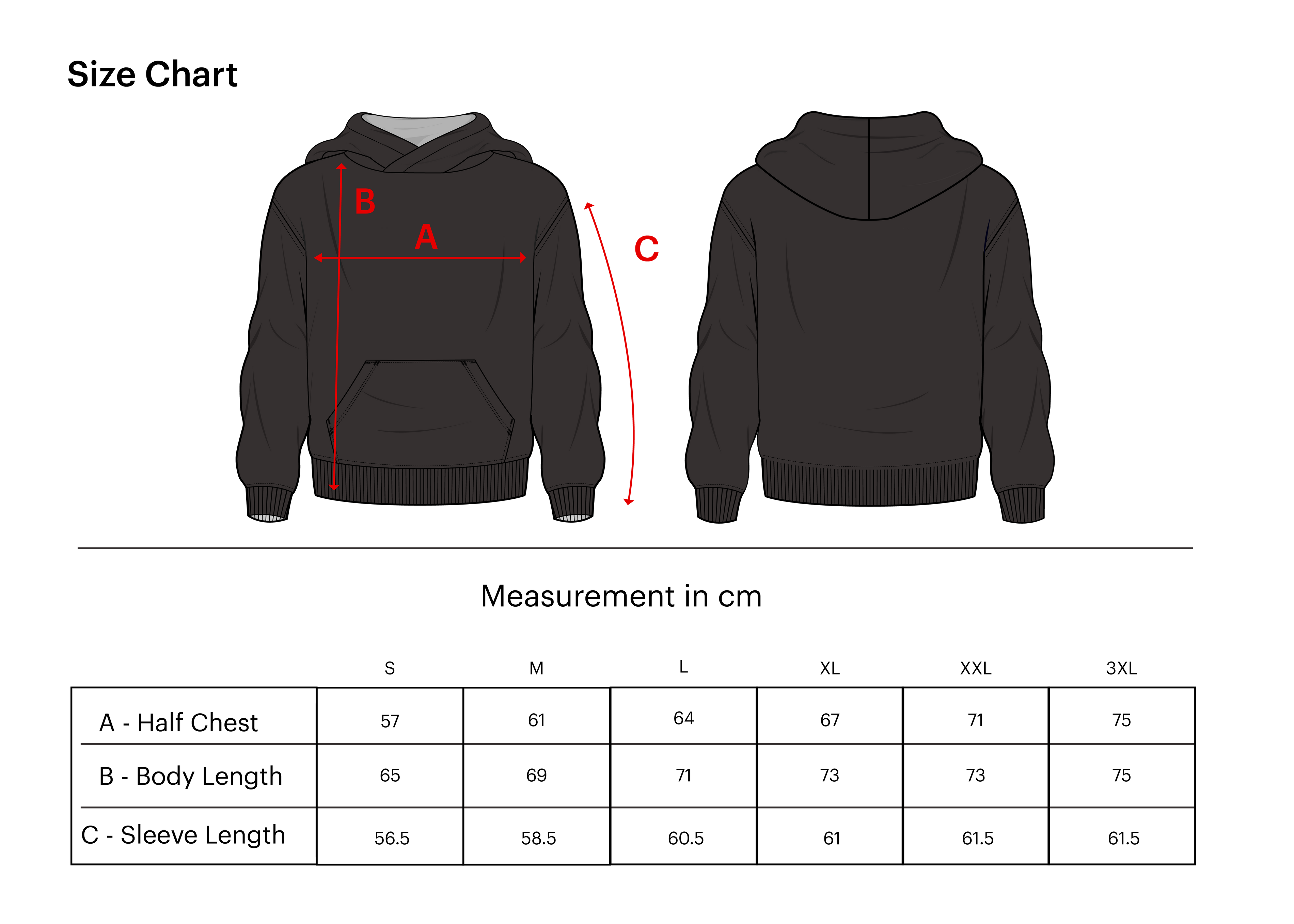A size chart diagram showing front and back views of a black hoodie with red measurement lines labeled A, B, and C, plus a measurement table in centimeters for sizes S through XXXL.