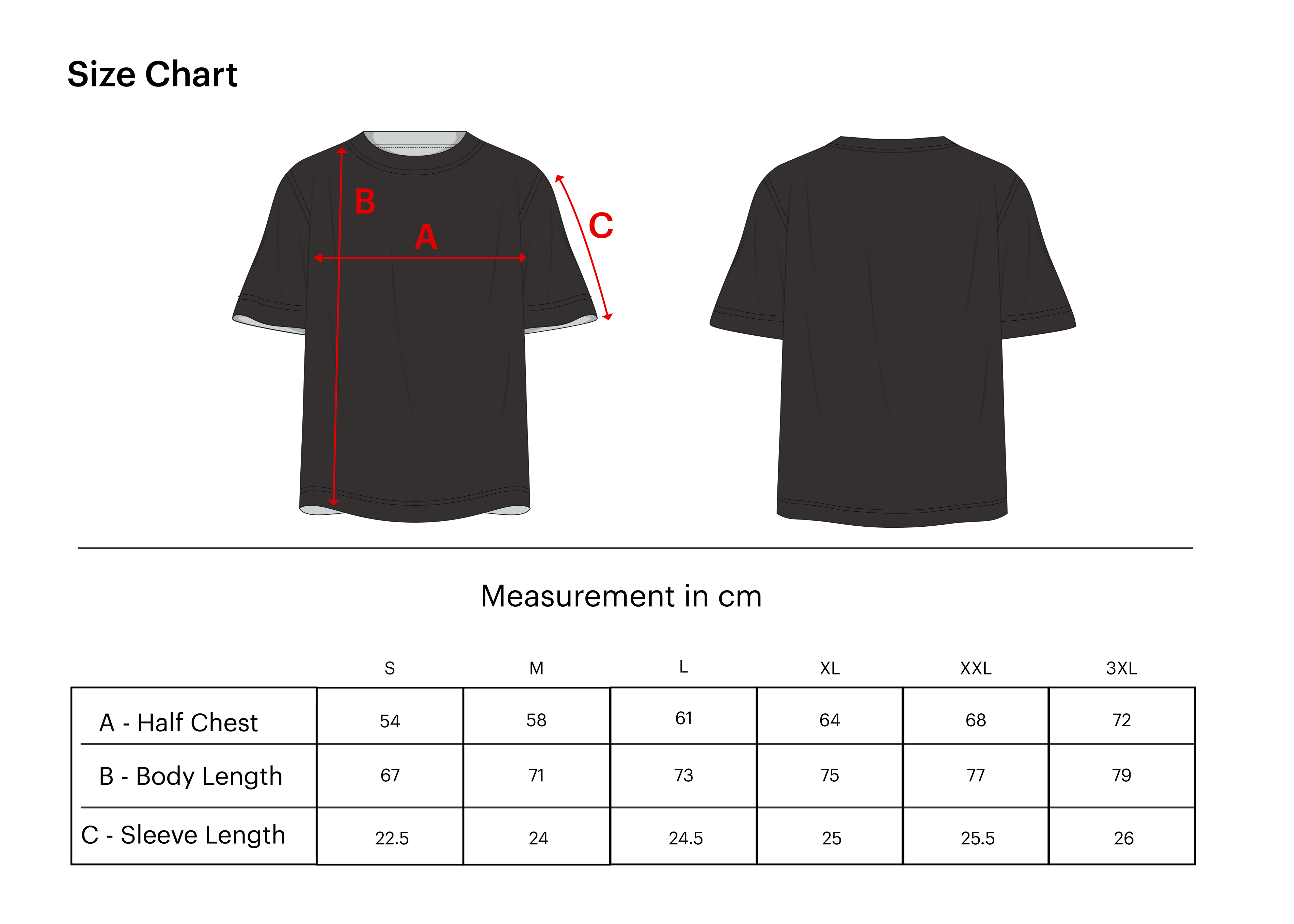 A size chart diagram showing a black short-sleeve T-shirt from the front and back with red measurement lines marking half chest, body length, and sleeve length. Below the shirt diagram is a measurement table with columns for S, M, L, XL, XXL, and 3XL and rows for A, B, and C in centimeters.